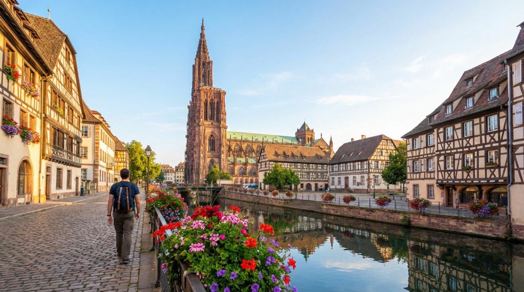 Homme avec sac à dos marche en Petite France, Strasbourg. Canal fleuri, maisons à colombages et la Cathédrale sous ciel clair.