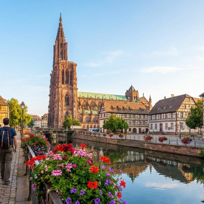 Homme avec sac à dos marche en Petite France, Strasbourg. Canal fleuri, maisons à colombages et la Cathédrale sous ciel clair.