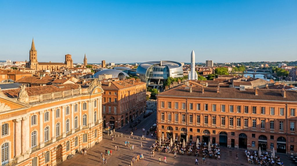 Vue aérienne de Toulouse montrant la Place du Capitole animée, la Basilique Saint-Sernin, la Cité de l'espace avec sa fusée Ariane et la Garonne.