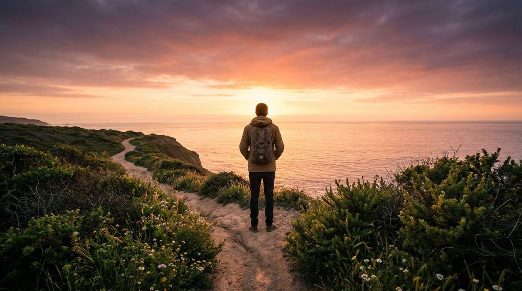 Homme avec sac à dos sur un sentier en bord de mer au coucher du soleil, face à l'océan et un ciel teinté d'orange et de rose.