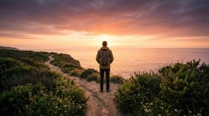 Homme avec sac à dos sur un sentier en bord de mer au coucher du soleil, face à l'océan et un ciel teinté d'orange et de rose.