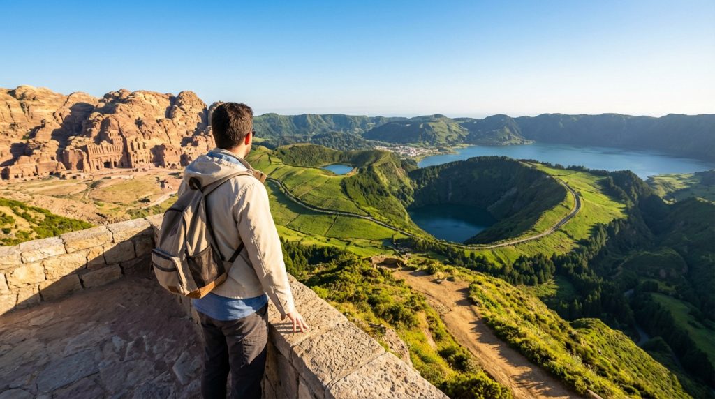 Un voyageur dos à la caméra contemple un panorama composite : les tombeaux de Pétra à gauche et les lacs volcaniques des Açores à droite.