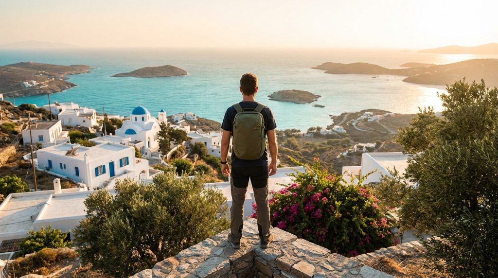 Voyageur solo face à un paysage d'île grecque : maisons blanches, église au dôme bleu, mer turquoise au soleil couchant.