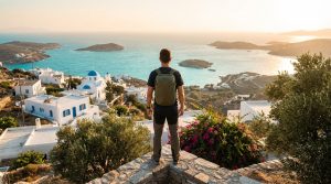 Voyageur solo face à un paysage d'île grecque : maisons blanches, église au dôme bleu, mer turquoise au soleil couchant.