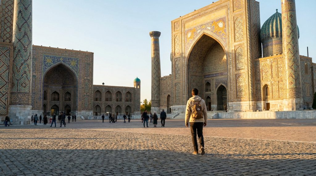 Voyageur solo avec sac à dos marchant sur la Place du Registan à Samarkand. Architecture islamique grandiose au soleil couchant.