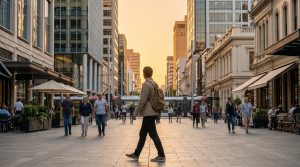 Un homme avec un sac à dos marche sur une grande avenue piétonne bordée de bâtiments et de commerces, au coucher du soleil.