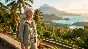 Voyageuse senior souriante, sac à dos, admirant un panorama tropical montagneux avec plages turquoise et palmiers luxuriants.