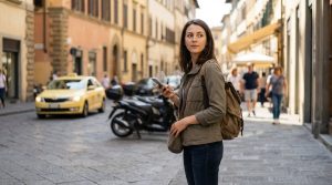 Une jeune femme brune avec un sac à dos et un smartphone regarde au loin dans une rue pavée animée avec des bâtiments anciens et un taxi jaune.