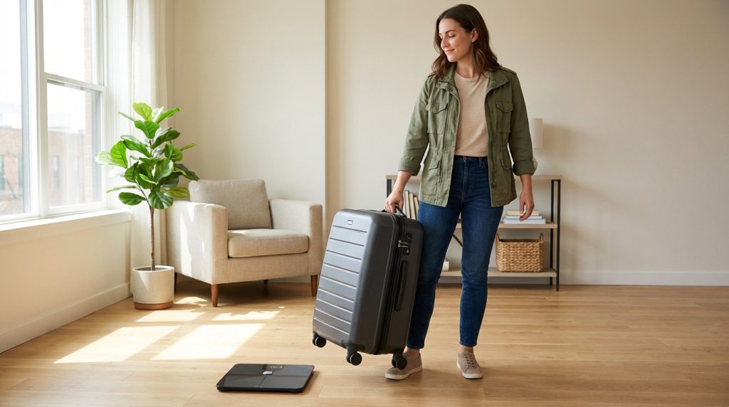 Femme souriante tient une valise grise à roulettes près d'une balance connectée sur un parquet clair. Intérieur lumineux.