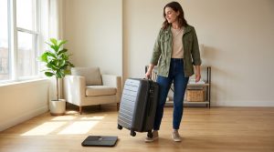 Femme souriante tient une valise grise à roulettes près d'une balance connectée sur un parquet clair. Intérieur lumineux.