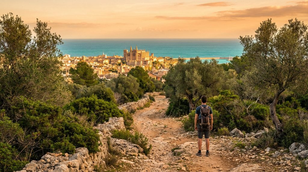 Randonneur de dos sur un sentier rocheux, admirant Palma de Majorque, sa cathédrale et la mer Méditerranée au coucher du soleil.