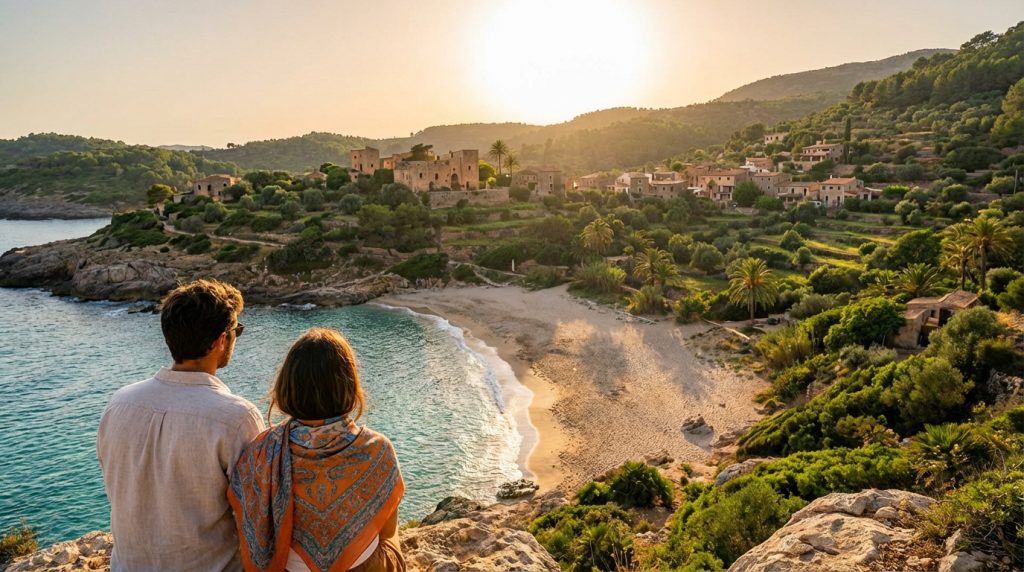 Couple de dos admirant un coucher de soleil sur une crique, avec plage de sable, mer turquoise et village méditerranéen en arrière-plan.
