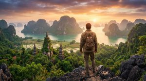 Voyageur regardant un paysage asiatique luxuriant : îles karstiques dans l'eau turquoise, rizières en terrasses et anciennes pagodes.