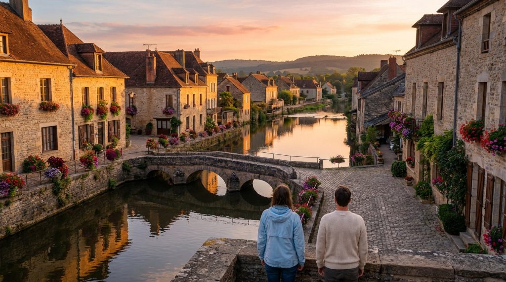 Magnifique village français en pierre le long d'une rivière, avec un pont arqué et des maisons fleuries au coucher du soleil. Un couple observe.