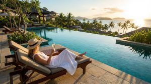 Femme en chapeau blanc et robe, allongée sur chaise longue, verre à la main, devant piscine à débordement avec vue mer tropicale au coucher du soleil.
