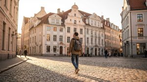 Jeune homme en sac à dos marchant sur une rue pavée, admirant l'architecture de la vieille ville sous un soleil doux.