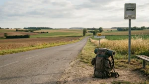 Sac à dos près d'une route calme pour réfléchir à l'autostop en solo