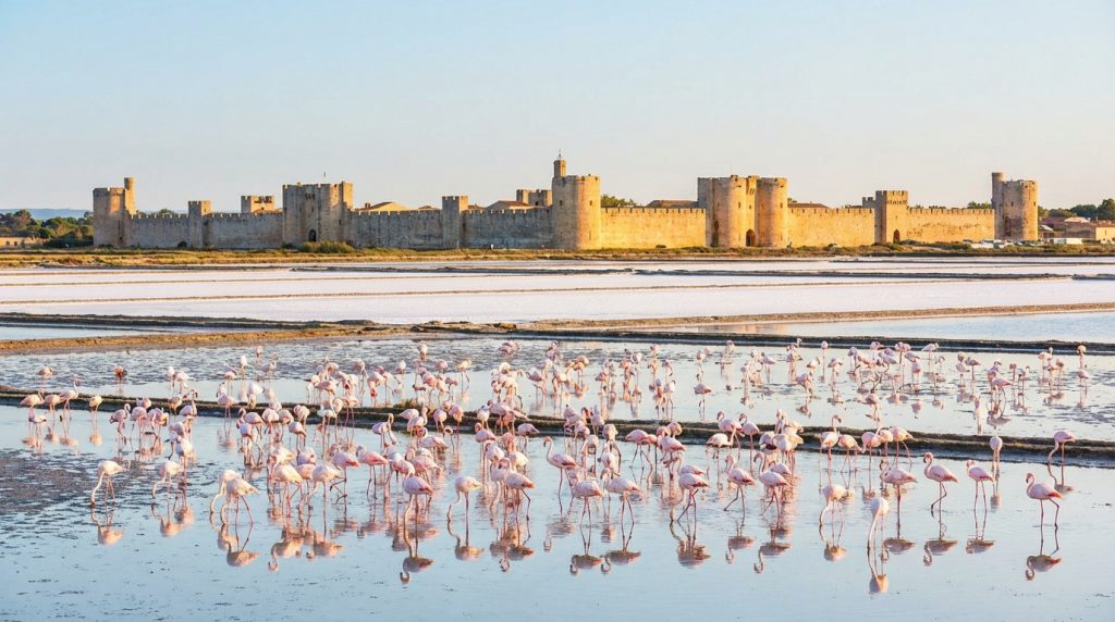 Des dizaines de flamants roses dans les marais salants, avec les imposantes murailles d'Aigues-Mortes en arrière-plan.