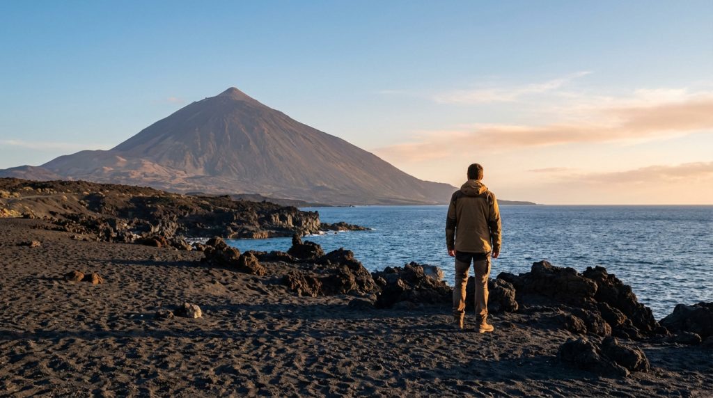 Un homme seul sur une plage volcanique noire contemple un imposant volcan et la mer sous un ciel doux.