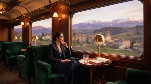 Une femme élégante est assise dans le wagon luxueux de l'Orient-Express, contemplant un paysage de montagnes et de village par la fenêtre, un livre et un verre à ses côtés.