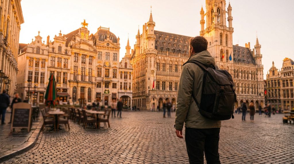 Un voyageur de dos avec un sac à dos admire la Grand-Place de Bruxelles illuminée par le soleil couchant, avec des bâtiments historiques détaillés.