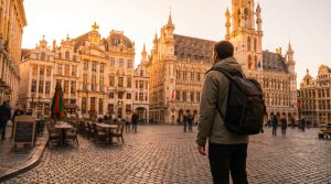 Un voyageur de dos avec un sac à dos admire la Grand-Place de Bruxelles illuminée par le soleil couchant, avec des bâtiments historiques détaillés.