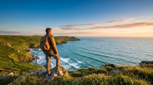 Vue arrière d'un homme randonneur sur une falaise verdoyante, contemplant l'océan et le littoral rocheux sous un ciel coloré.