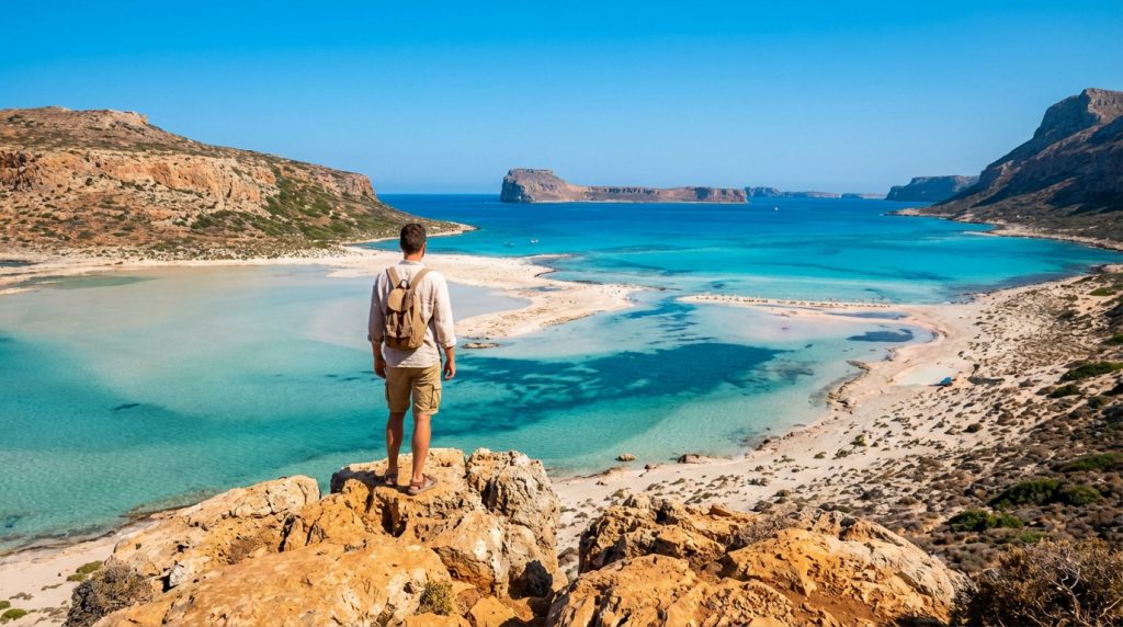 Homme vu de dos sur une falaise rocheuse, admirant une lagune crétoise aux eaux turquoise, plages de sable et îles lointaines.