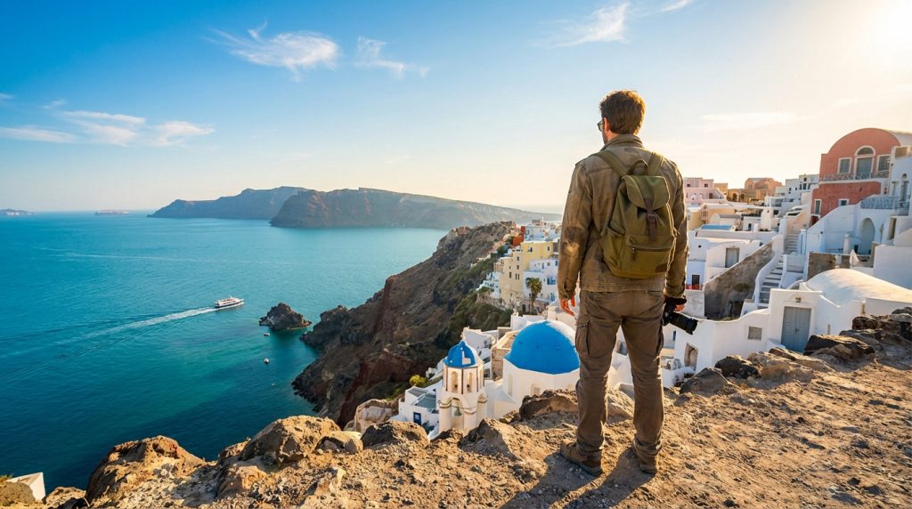 Homme de dos avec sac à dos et appareil photo contemplant le village blanc de Santorin et la mer Égée.