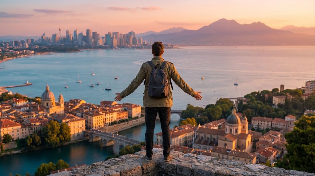 Un homme de dos, bras ouverts, contemple une ville côtière méditerranéenne et sa baie au lever/coucher du soleil, avec un skyline lointain.