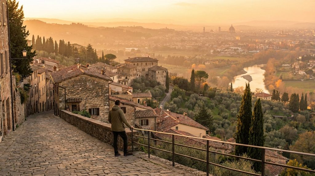 Un homme sur une rue pavée admire une vue panoramique sur une vallée, un fleuve et la ville de Florence au coucher du soleil.