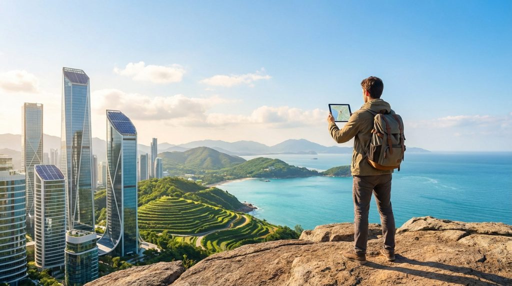 Homme de dos sur un rocher avec une tablette GPS, devant un panorama de gratte-ciel modernes, mer turquoise et collines verdoyantes.
