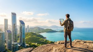 Homme de dos sur un rocher avec une tablette GPS, devant un panorama de gratte-ciel modernes, mer turquoise et collines verdoyantes.