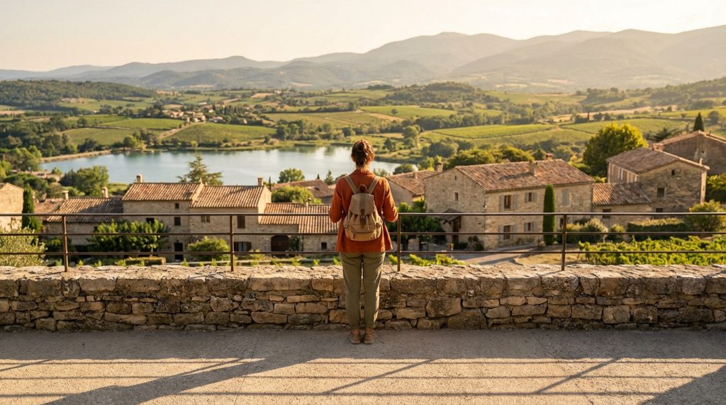 Femme de dos avec sac à dos admirant un village provençal, un lac, des vignobles et des montagnes sous une lumière dorée.