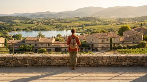 Femme de dos avec sac à dos admirant un village provençal, un lac, des vignobles et des montagnes sous une lumière dorée.